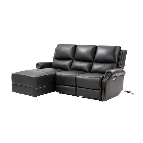 ARTFUL LIVING DESIGN Delos 82.69 in. 3-Pieces 3-Seater Leather Power L Shaped Reclining Sectional Sofa with Nailhead Trim in Black