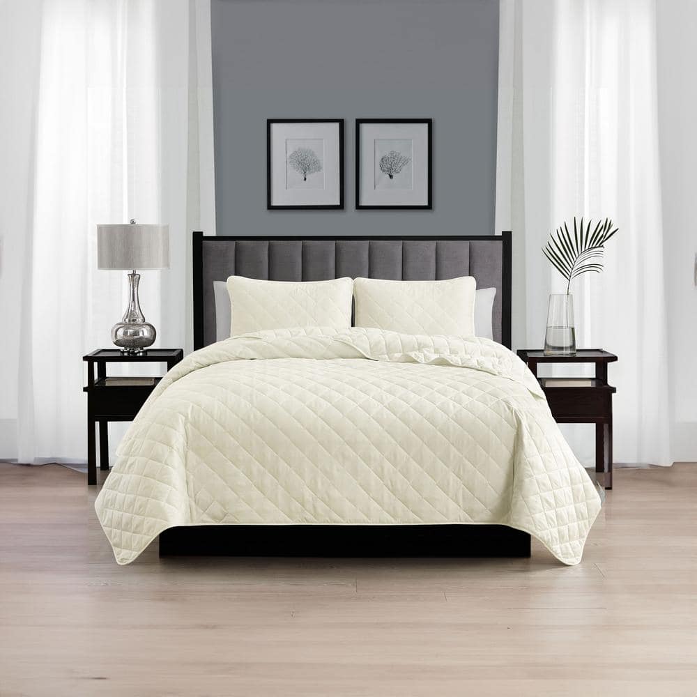 Ivory Twin Reversible Microfiber Diamond Stitch Quilt Set
