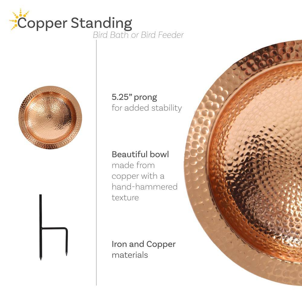 Hand-Hammered Copper Standing Bird Bath with Iron Stake