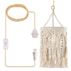 Bohemian 1-Light White Pendant Light with Adjustable Macrame Rattan Lamp Shade and Length, Plug-In