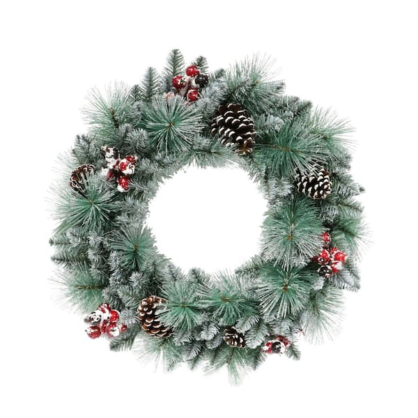 24 in. Green Unlit Flocked Artificial Christmas Wreath with Pinecones, Red Berries, and Silver Accessories