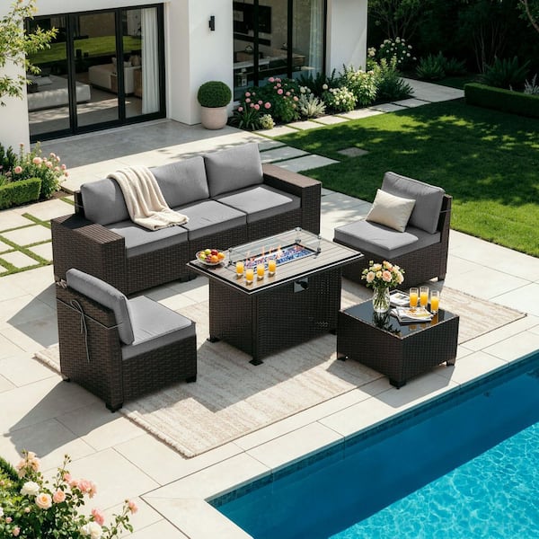 7-Piece Wicker Patio Conversation Set with 55000 BTU Gas Fire Pit Table and Glass Coffee Table and Grey Cushions