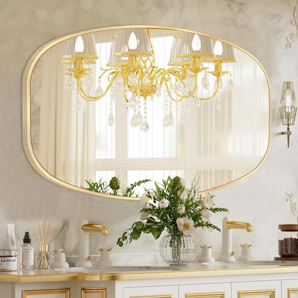 LuxHomez 30 in. W x 48 in. H Glod Oval Wall Mirror Aluminum Frame Vanity Mirror Bathroom Mirror