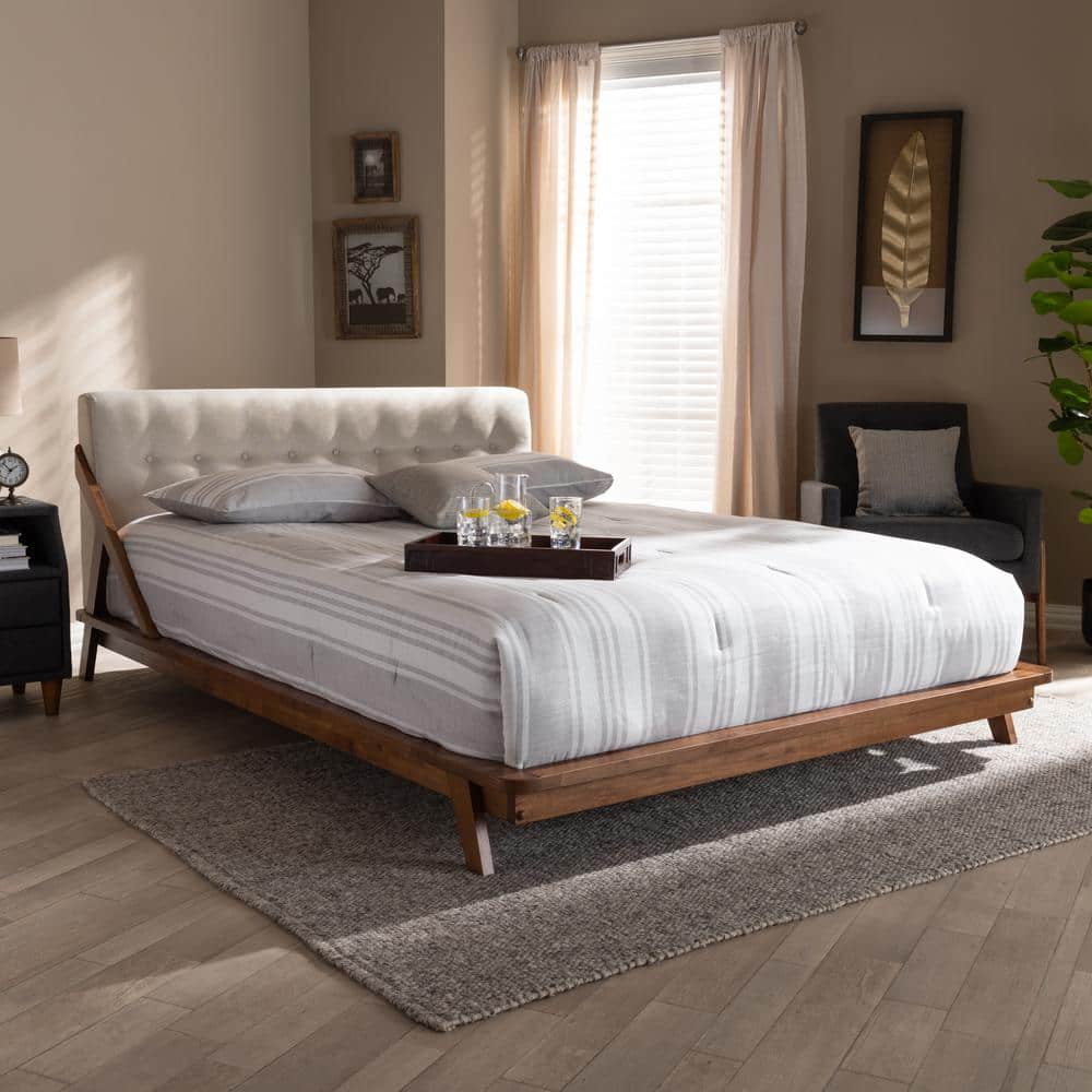 Mid-Century Modern Beige Upholstered Walnut Full Platform Bed