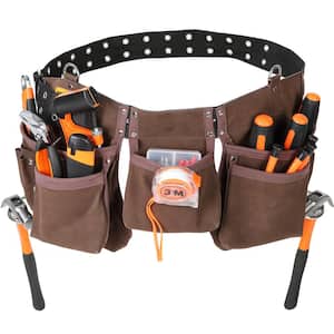 Tool Belt 13 Pockets Leather Heavy-Duty Tool Pouch Bag with Dual Hammer Loops Adjusts from 29 in. to 54 in. Brown