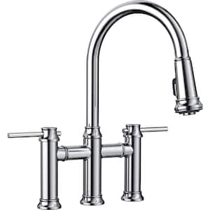 EMPRESSA Double Handle Gooseneck Bridge Kitchen Faucet with Pull-Down Sprayer in Polished Chrome