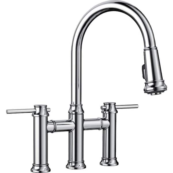 Blanco EMPRESSA Double Handle Gooseneck Bridge Kitchen Faucet with Pull-Down Sprayer in Polished Chrome