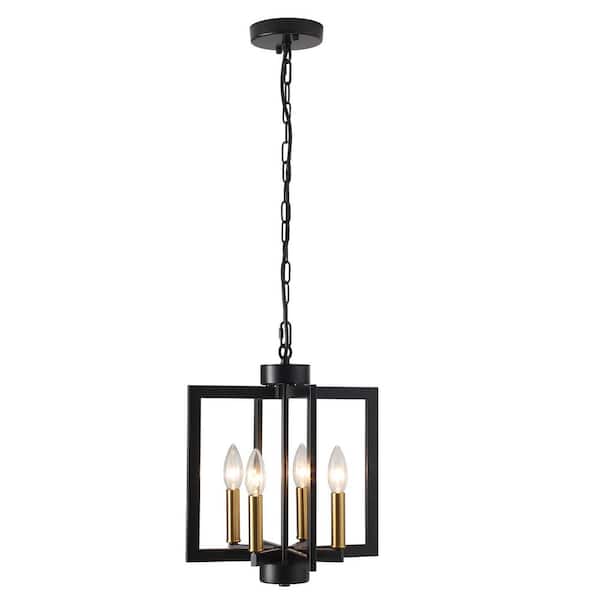 ADSENSTY 4-Light Black/Gold Square Geometric Candle Style Chandelier with Metal Cage for Dining Room with No Bulbs Included