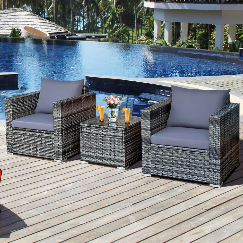 Gray Wicker 3-Piece Outdoor Patio Set with Cushions