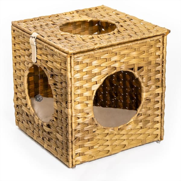 maocao hoom Rattan Cat Litter, Cat Bed with Rattan Ball and Cushion in Yellow Brown