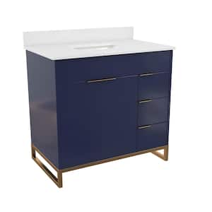 Leona 40 in. W x 22 in. D x 38 in. H Single Sink Bath Vanity in Navy Blue with White Engineered Stone Composite Top