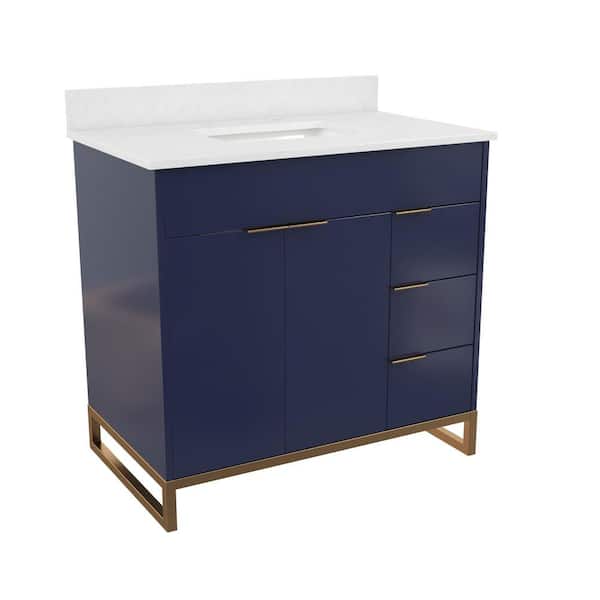 COSMO LIVING Leona 40 in. W x 22 in. D x 38 in. H Single Sink Bath Vanity in Navy Blue with White Engineered Stone Composite Top