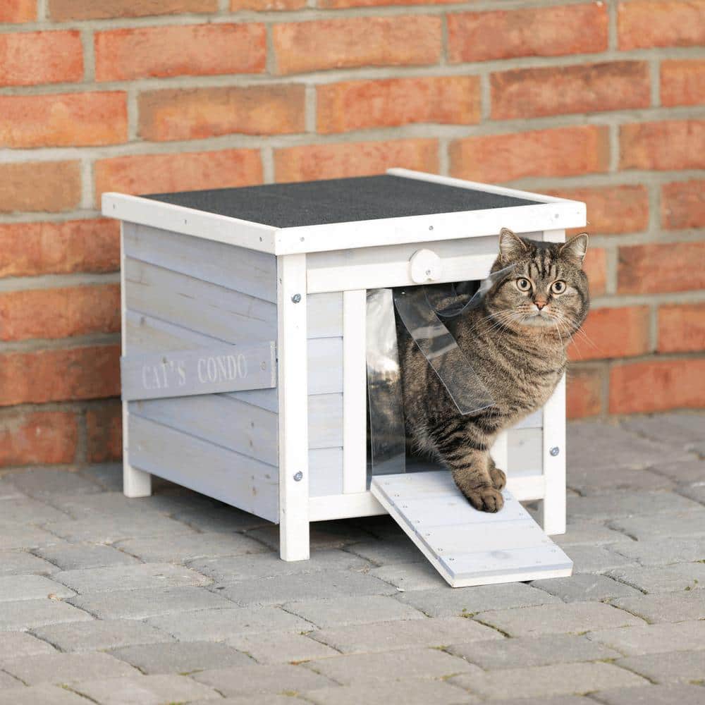 Gray and White Wooden Cat Condo with Hinged Roof