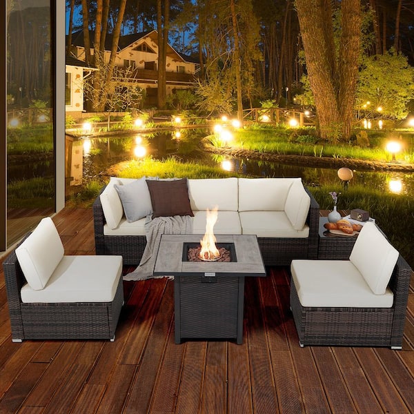 7-Piece Wicker Patio Conversation Set 30 in. Fire Pit Table Cover Rattan Sofa with Off White Cushions