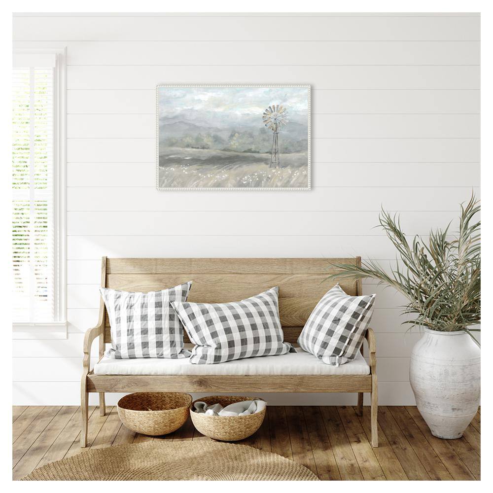 Country Meadow Windmill Scenic Landscape Canvas Print with White Floater Frame