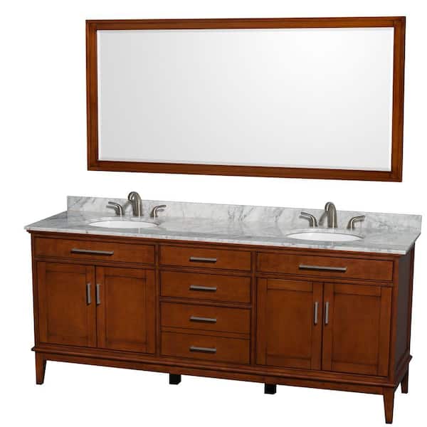 Wyndham Collection Hatton 80 in. Vanity in Light Chestnut with Marble Vanity Top in Carrara White, Sink and 70 in. Mirror