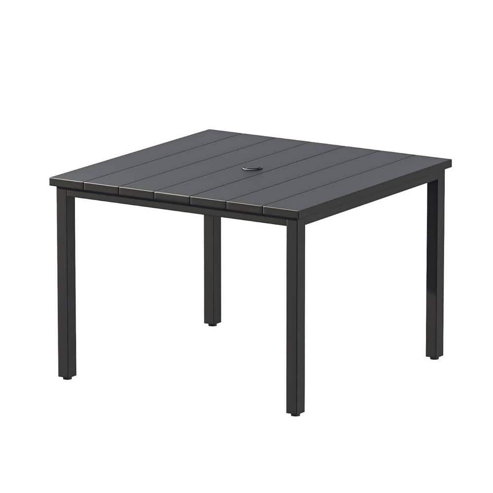 Square Metal Outdoor Dining Table with Umbrella Hole Black Tabletop for 4