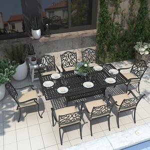 9-Piece Cast Aluminum Patio Conversation Outdoor Dining Set with Beige Cushion and 2 in. Umbrella Hole
