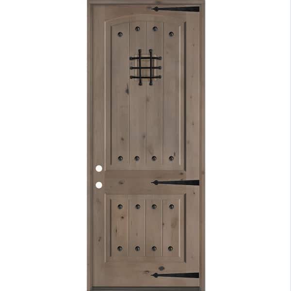 Mediterranean 42 in.x 96 in. Knotty Alder Right-Hand/Inswing Arch Top BEHR Weathered Gray Stain Wood Prehung Front Door