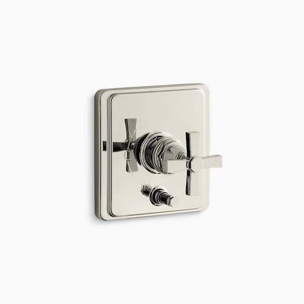 KOHLER Pinstripe Rite-Temp 1-Handle Valve Trim with Push-Button Diverter and Cross Handle in Vibrant Polished Nickel