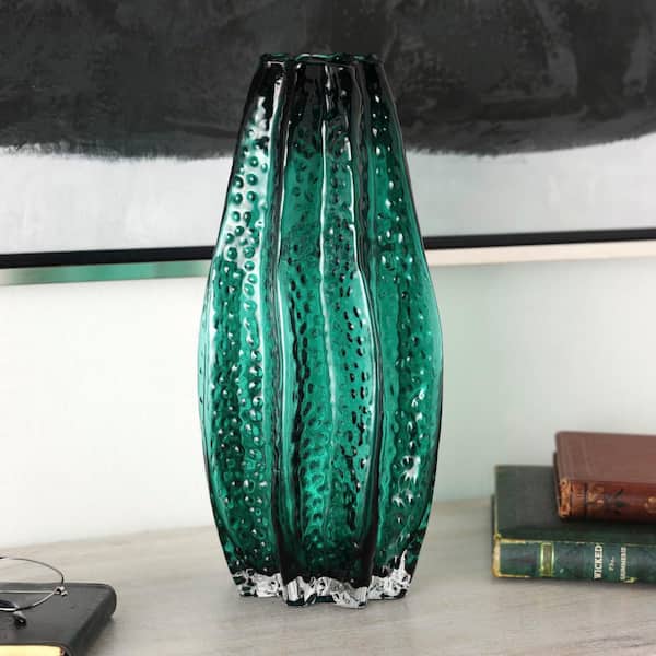 Litton Lane 14 in. Green Handmade Bubble Textured Glass Decorative Vase with Wavy Body