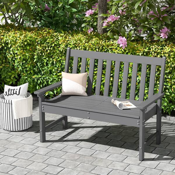 Outsunny Outdoor Bench, 2-Person Park Style Garden Bench with All-Weather  HDPE, 704 lbs. Weight Capacity, Slatted Back & Armrests, Dark Gray