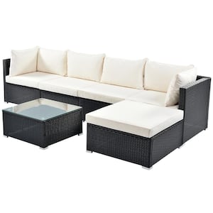 6-Piece Wicker Patio Conversation Sectional Seating Set with Beige Cushions