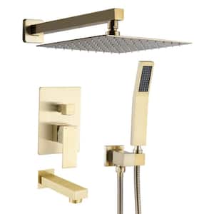 2-Handle 3-Spray Wall Mount Tub and Shower Faucet with Handheld Shower Head in Brushed Gold (Valve Included)