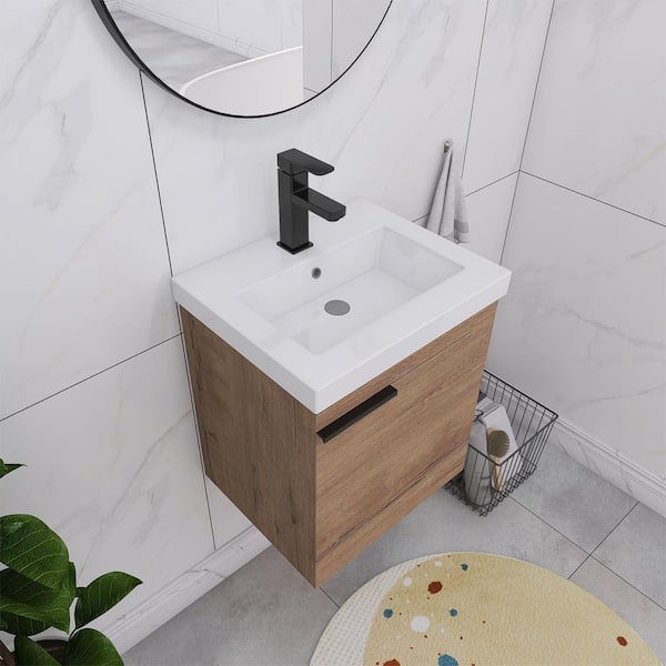 18 in. W x 15. in D. x 21 in. H Bathroom Vanity in Brown with Glossy White Ceramic Basin