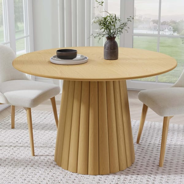 Lirago Round Oak Wood 46 in. Column Base Dining Table Seats 4