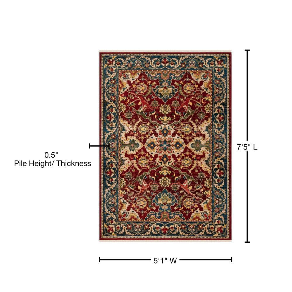Red and Blue Floral Synthetic Rectangular Area Rug
