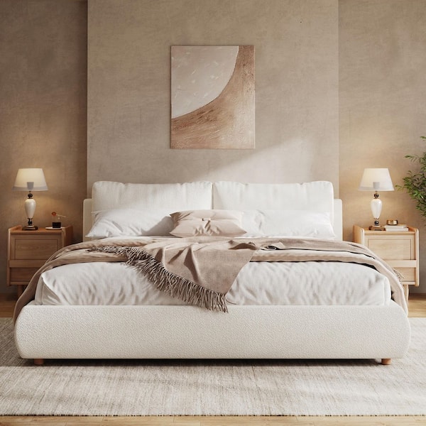 White Wood Frame California King Size Boucle Fabric Upholstered Platform Bed with 2 Removable Pillow Headboard