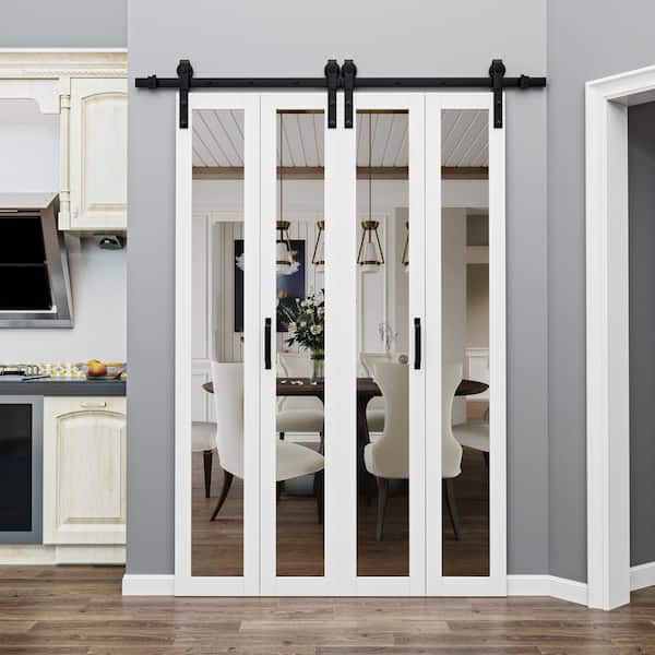 50 in. x 84 in. 1-Lite Mirrored Glass Solid Core White Finished Composite Bi-Fold Door with Bifold Barn Door Hardware