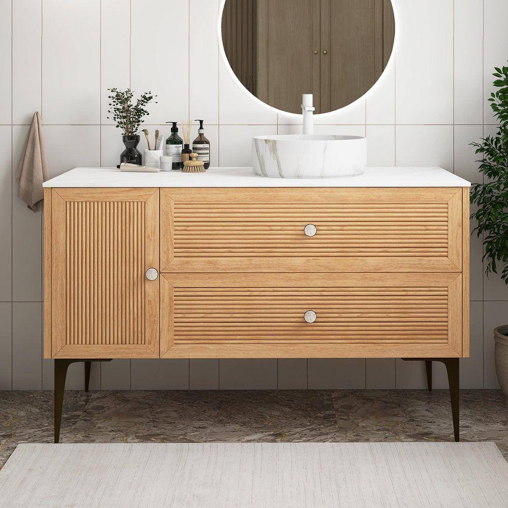TCYO 48 in. Freestanding Oak Bath Vanity with White Engineered Stone ...