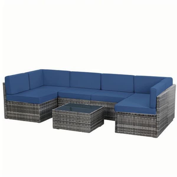 7-Piece Wicker Outdoor Sectional Set with Navy Cushions, Patio Furniture Sofa Set for Garden, Backyard, Poolside