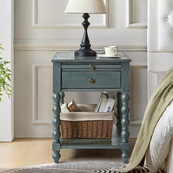 JAYDEN CREATION Jim Blue Traditional 20 in. W Solid Wood End Table with USB