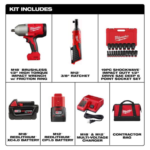 Milwaukee M12/M18 12/18V Lithium-Ion Cordless 3/8 in. Ratchet & 1/2 in. Impact Wrench Combo Kit w/Socket Set (19-Piece)