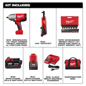 M12/M18 12/18V Lithium-Ion Cordless 3/8 in. Ratchet & 1/2 in. Impact Wrench Combo Kit w/Socket Set (19-Piece)