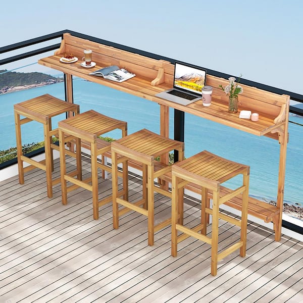 Boyel Living 3-Pieces Patio Acacia Wood Outdoor Serving Bar Set with Footrest Curved Wood Seat