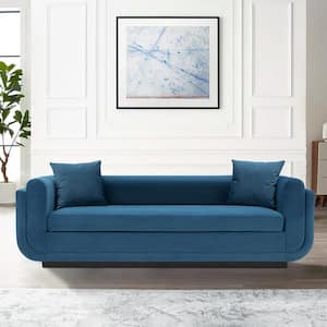 Edmonda 90.94 in. Contemporary Round Arm Velvet Upholstered Rectangle Sofa in. Sapphire Blue with Pillows