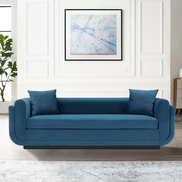 Manhattan Comfort Edmonda 90.94 in. Contemporary Round Arm Velvet Upholstered Rectangle Sofa in. Sapphire Blue with Pillows