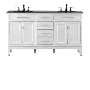 Manor Grove 61 in. W x 22 in. D x 35 in. H Double Sink Freestanding Bath Vanity in White with Black Granite Top