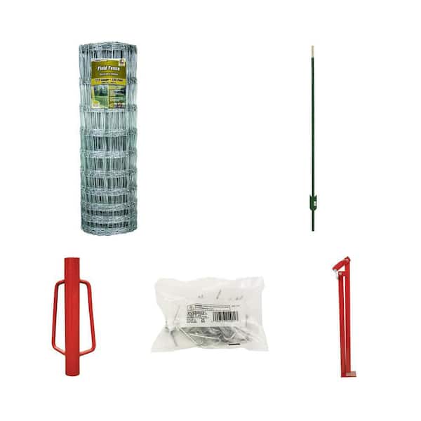 47 in. x 330 ft. Field Fence, 6 ft. Steel T-Post, Post Driver (3 in. x 9 in. x 24 in.), Clips (25 per Bag) and Puller