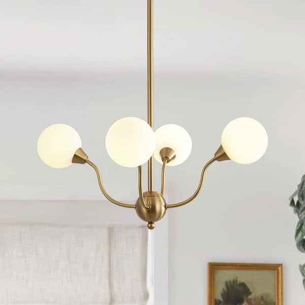 HUOKU Ceder 4-Light 20.5 in. W Aged Brass Chandelier Flower Bloom Chandelier with Opal Glass for Living Room and Loft