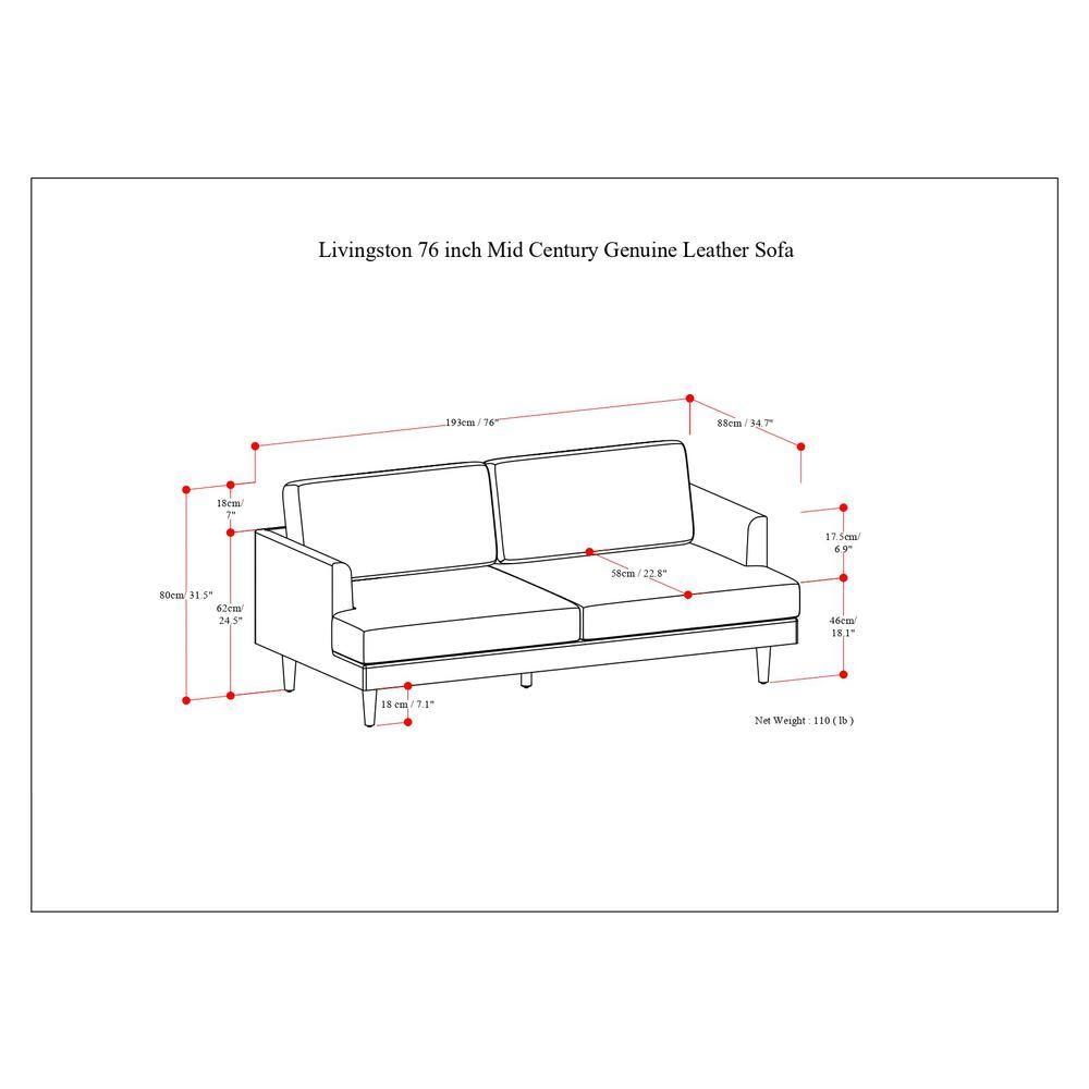 Sienna Leather 76-Inch Sofa with Removable Cushions