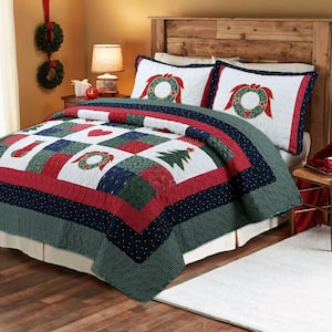 Merry Christmas 3-Piece Red Green Holiday Cotton King Quilt Bedding Set