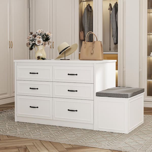 FUFU&GAGA White Wood 12-Drawer 61.9 in. Chest of Drawers with Flip-Top Storage Bench, Ample Capacity for Bedroom or Closet Use