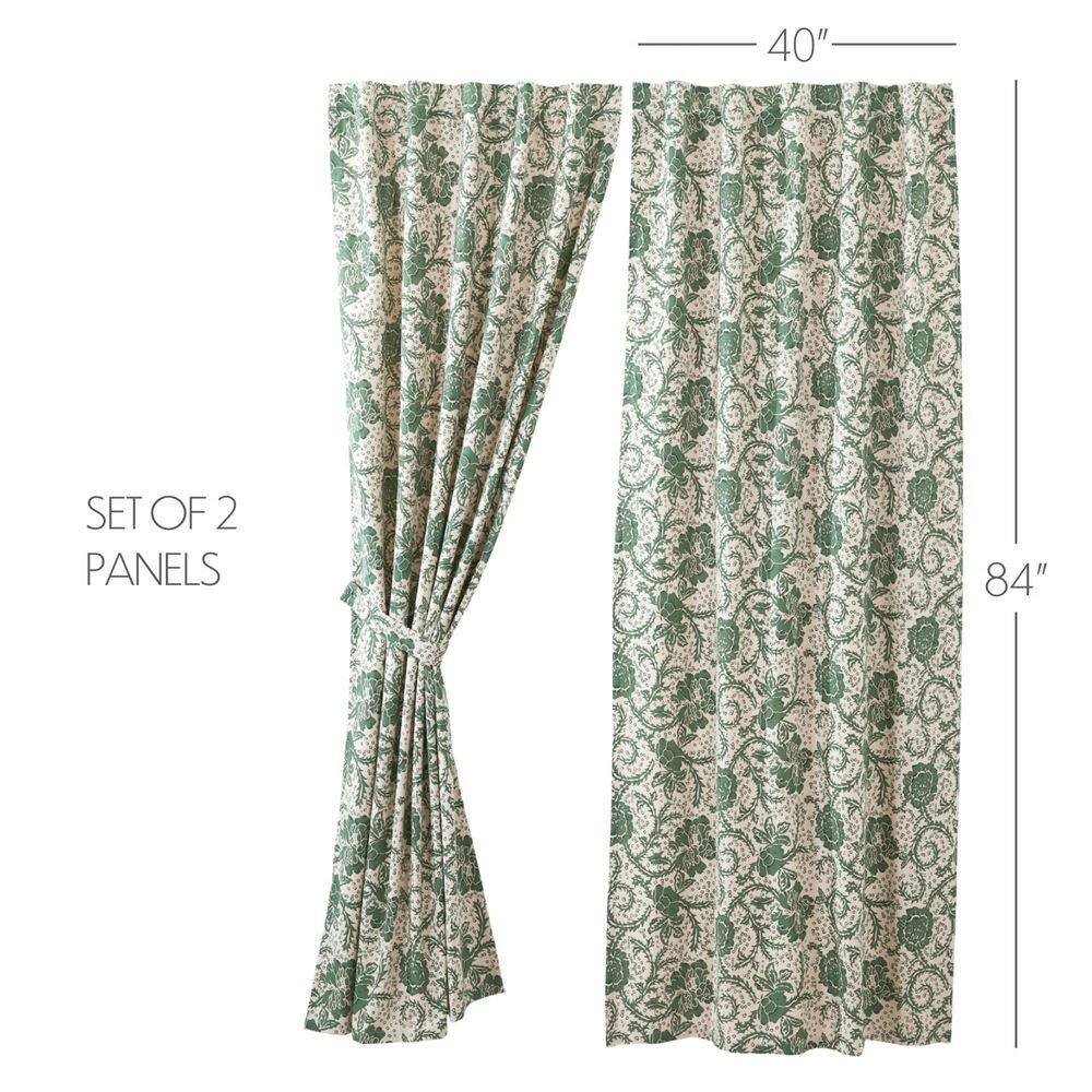 Green Floral Cotton Light-Filtering Rod Pocket Curtain Panels, 84x40