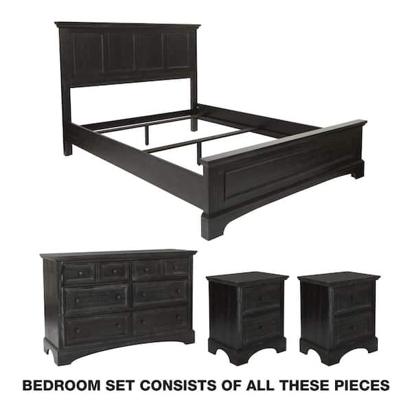 OSP Home Furnishings Farmhouse Basics Rustic Black Queen Bedroom Set with 2 Nightstands, and 1 Dresser (7-Pieces)