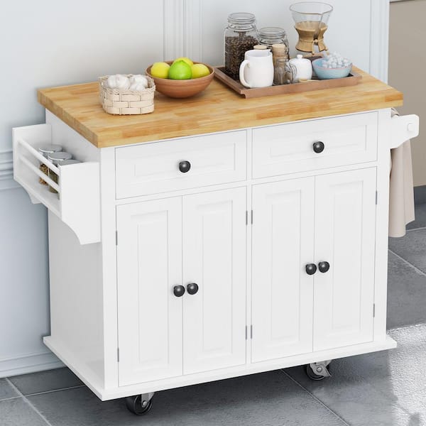 Staykiwi White Solid Wood Kitchen Cart with Spice Rack, Towel Rack and 2- Drawers